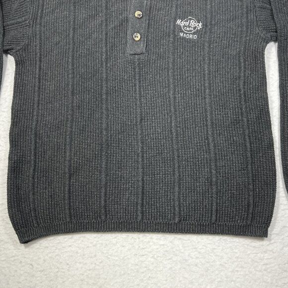 Vintage Hard Rock Cafe Madrid Men's Small Henley Knit Pullover Sweater Gray - Picture 4 of 12